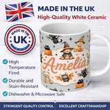 Personalized Custom Name Halloween Teddy Bear Witch Cat Bat Pumpkin Seamless Pattern Soft 11oz Ceramic Coffee Tea Mug White Large Handle