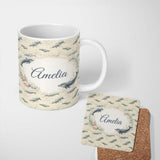 Personalized Custom Name Vintage Whale Seamless Pattern Soft Beige Marine Animal Design 11oz Ceramic Coffee Tea Mug White Large Handle
