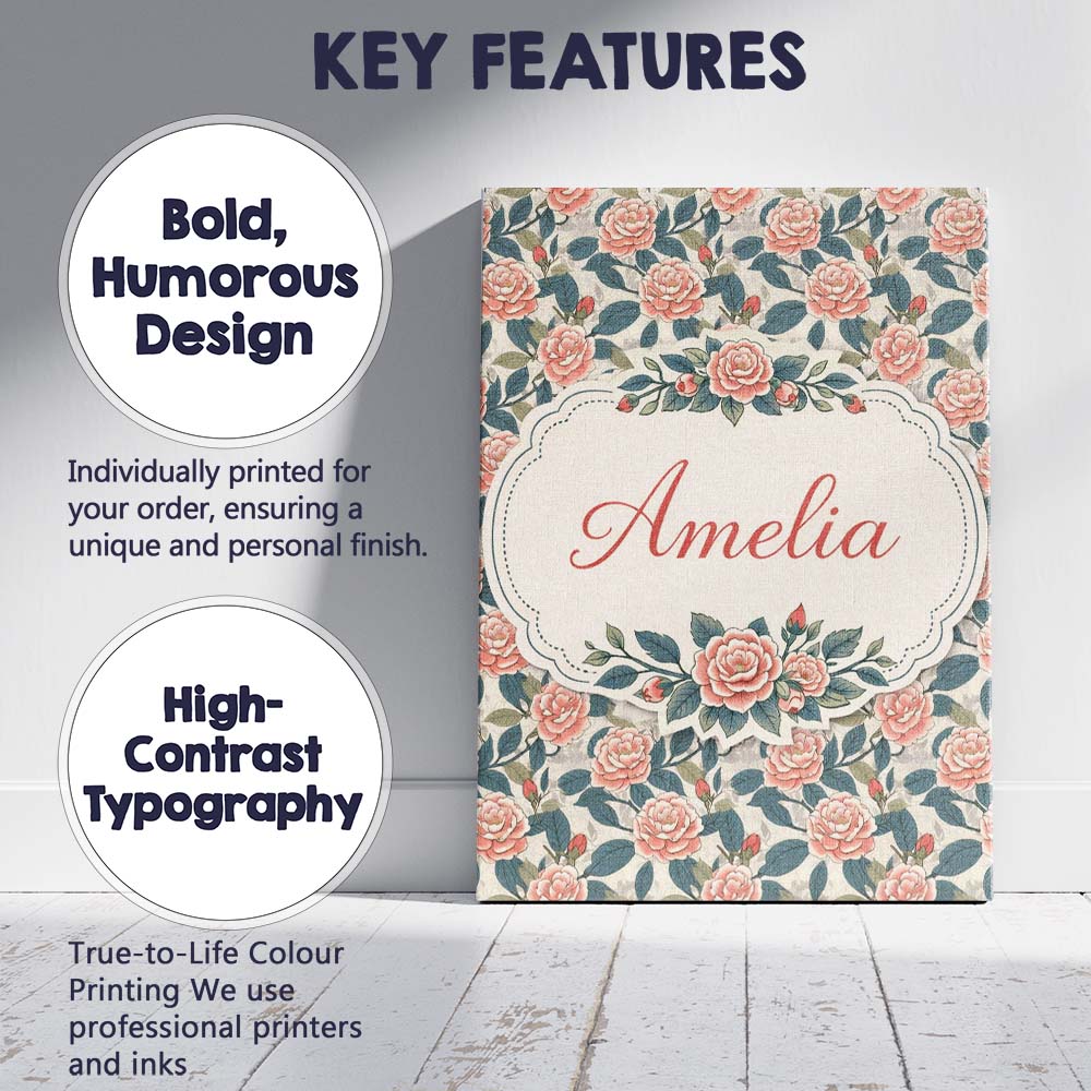 Personalised Name Dark Background Coral Rose Floral Seamless Pattern Custom  Home Canvas Wall Art Print Decor Picture Ready to Hang