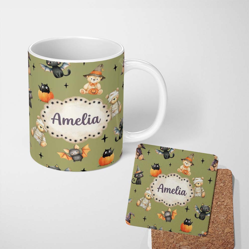 Personalized Custom Name Halloween Teddy Bear Witch Cat Bat Pumpkin Seamless Pattern Olive 11oz Ceramic Coffee Tea Mug White Large Handle