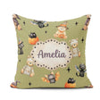 Custom Name Halloween Teddy Witch Cat Bat Pumpkin Seamless Olive Square Filled Cushion Throw Pillow Sofa Bed Home Decor Zip Washable UK Made