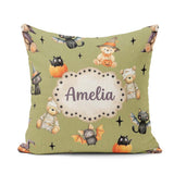Custom Name Halloween Teddy Witch Cat Bat Pumpkin Seamless Olive Square Filled Cushion Throw Pillow Sofa Bed Home Decor Zip Washable UK Made