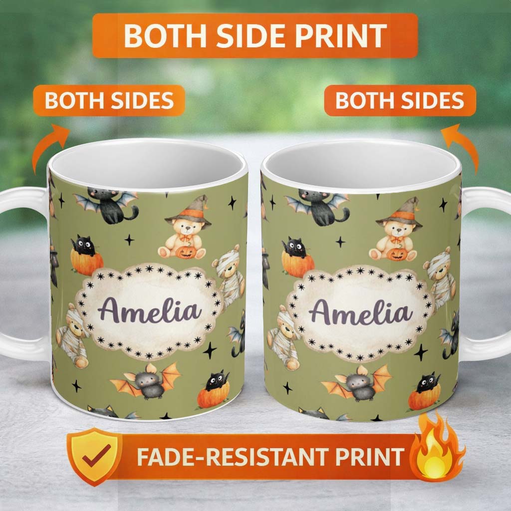 Personalized Custom Name Halloween Teddy Bear Witch Cat Bat Pumpkin Seamless Pattern Olive 11oz Ceramic Coffee Tea Mug White Large Handle