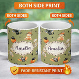 Personalized Custom Name Halloween Teddy Bear Witch Cat Bat Pumpkin Seamless Pattern Olive 11oz Ceramic Coffee Tea Mug White Large Handle