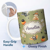 Personalized Custom Name Halloween Teddy Bear Witch Cat Bat Pumpkin Seamless Pattern Olive 11oz Ceramic Coffee Tea Mug White Large Handle