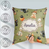 Custom Name Halloween Teddy Witch Cat Bat Pumpkin Seamless Olive Square Filled Cushion Throw Pillow Sofa Bed Home Decor Zip Washable UK Made