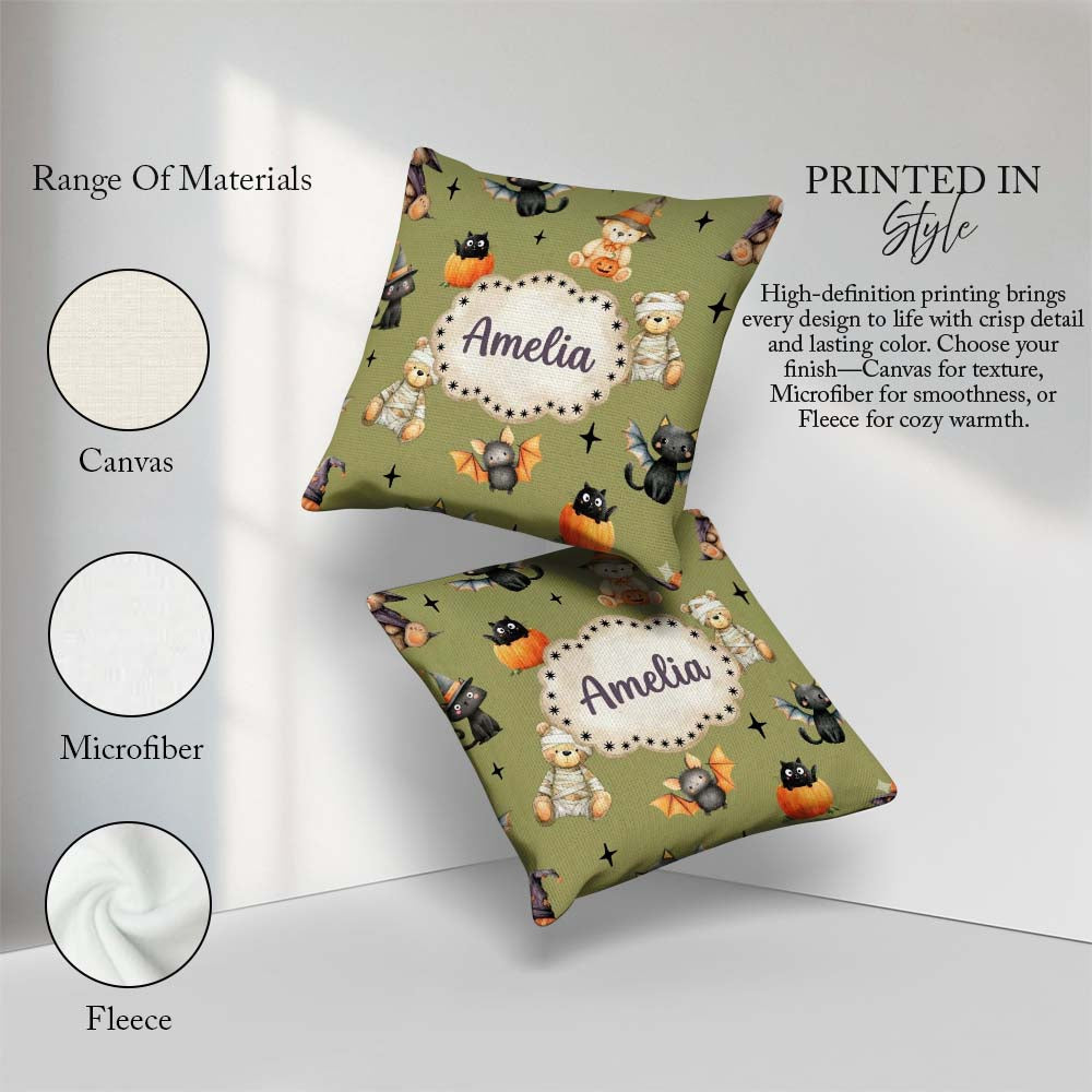Custom Name Halloween Teddy Witch Cat Bat Pumpkin Seamless Olive Square Filled Cushion Throw Pillow Sofa Bed Home Decor Zip Washable UK Made