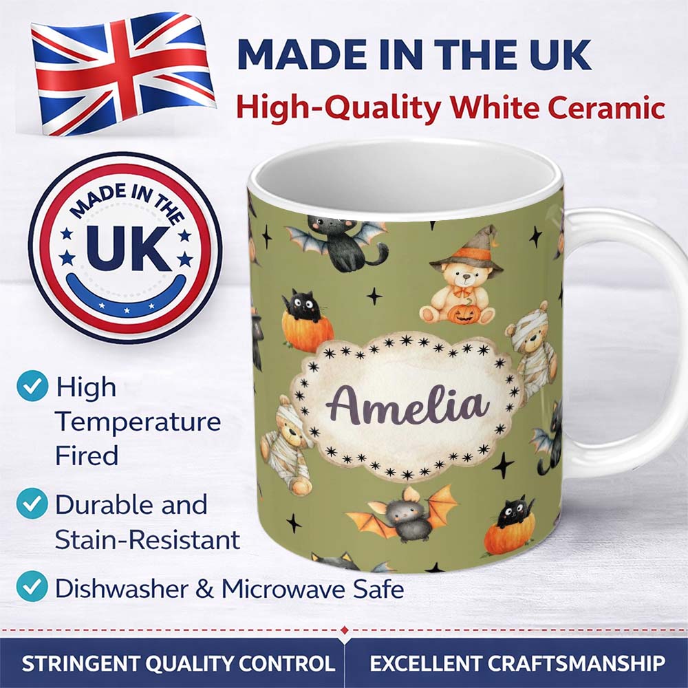 Personalized Custom Name Halloween Teddy Bear Witch Cat Bat Pumpkin Seamless Pattern Olive 11oz Ceramic Coffee Tea Mug White Large Handle