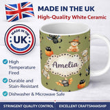 Personalized Custom Name Halloween Teddy Bear Witch Cat Bat Pumpkin Seamless Pattern Olive 11oz Ceramic Coffee Tea Mug White Large Handle