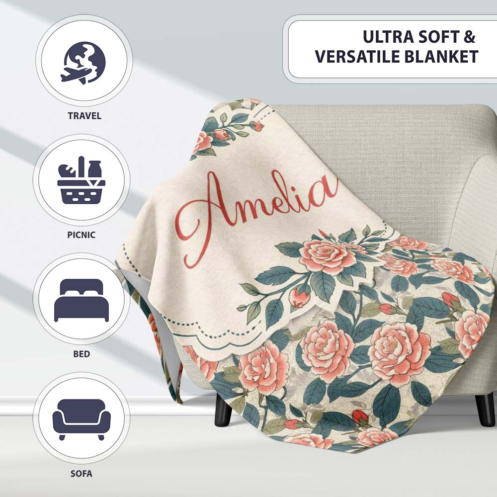 Dark Background Coral Rose Floral Seamless Pattern Cute Unique Gift  Personalised Custom Name Super Soft Fleece Blanket Bed Sofa Throw