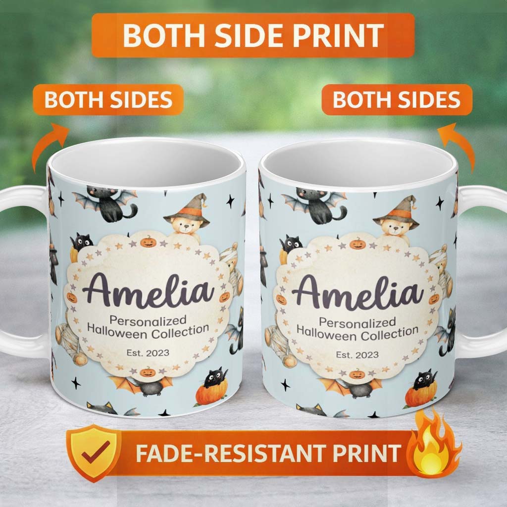 Personalized Custom Name Halloween Teddy Bear Witch Cat Bat Pumpkin Seamless Pattern Dusty 11oz Ceramic Coffee Tea Mug White Large Handle