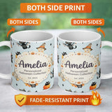 Personalized Custom Name Halloween Teddy Bear Witch Cat Bat Pumpkin Seamless Pattern Dusty 11oz Ceramic Coffee Tea Mug White Large Handle