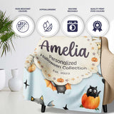 Halloween Teddy Bear Witch Cat Bat Pumpkin Seamless Pattern Dusty  Personalised Custom Name Super Soft Fleece Blanket Bed Sofa Throw