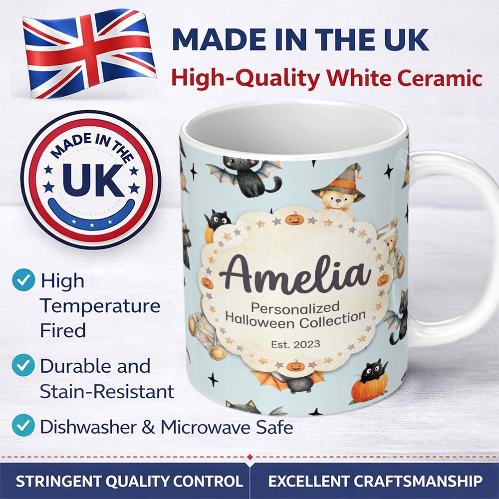 Personalized Custom Name Halloween Teddy Bear Witch Cat Bat Pumpkin Seamless Pattern Dusty 11oz Ceramic Coffee Tea Mug White Large Handle