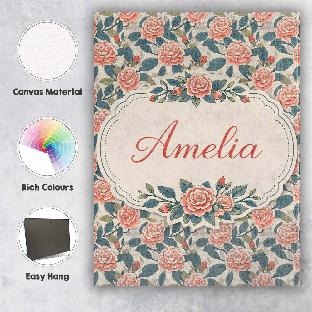 Personalised Name Dark Background Coral Rose Floral Seamless Pattern Custom  Home Canvas Wall Art Print Decor Picture Ready to Hang