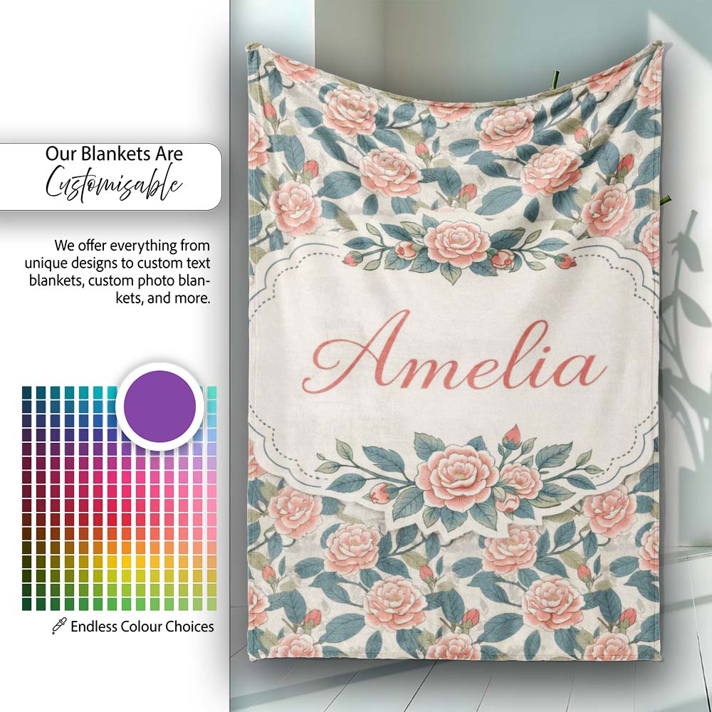 Dark Background Coral Rose Floral Seamless Pattern Cute Unique Gift  Personalised Custom Name Super Soft Fleece Blanket Bed Sofa Throw