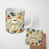 Personalized Custom Name Halloween Teddy Bear Witch Cat Bat Pumpkin Seamless Pattern Sage 11oz Ceramic Coffee Tea Mug White Large Handle