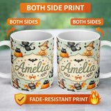 Personalized Custom Name Halloween Teddy Bear Witch Cat Bat Pumpkin Seamless Pattern Sage 11oz Ceramic Coffee Tea Mug White Large Handle