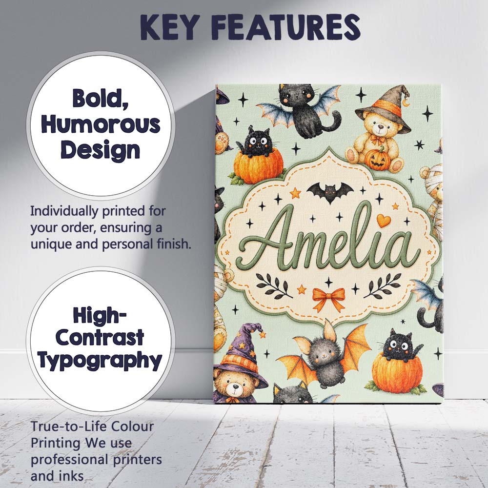 Personalised Name Halloween Teddy Bear Custom  Modern Room Accent Elegant Feature Canvas Wall Art Print Decor Picture Ready to Hang