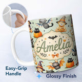Personalized Custom Name Halloween Teddy Bear Witch Cat Bat Pumpkin Seamless Pattern Sage 11oz Ceramic Coffee Tea Mug White Large Handle