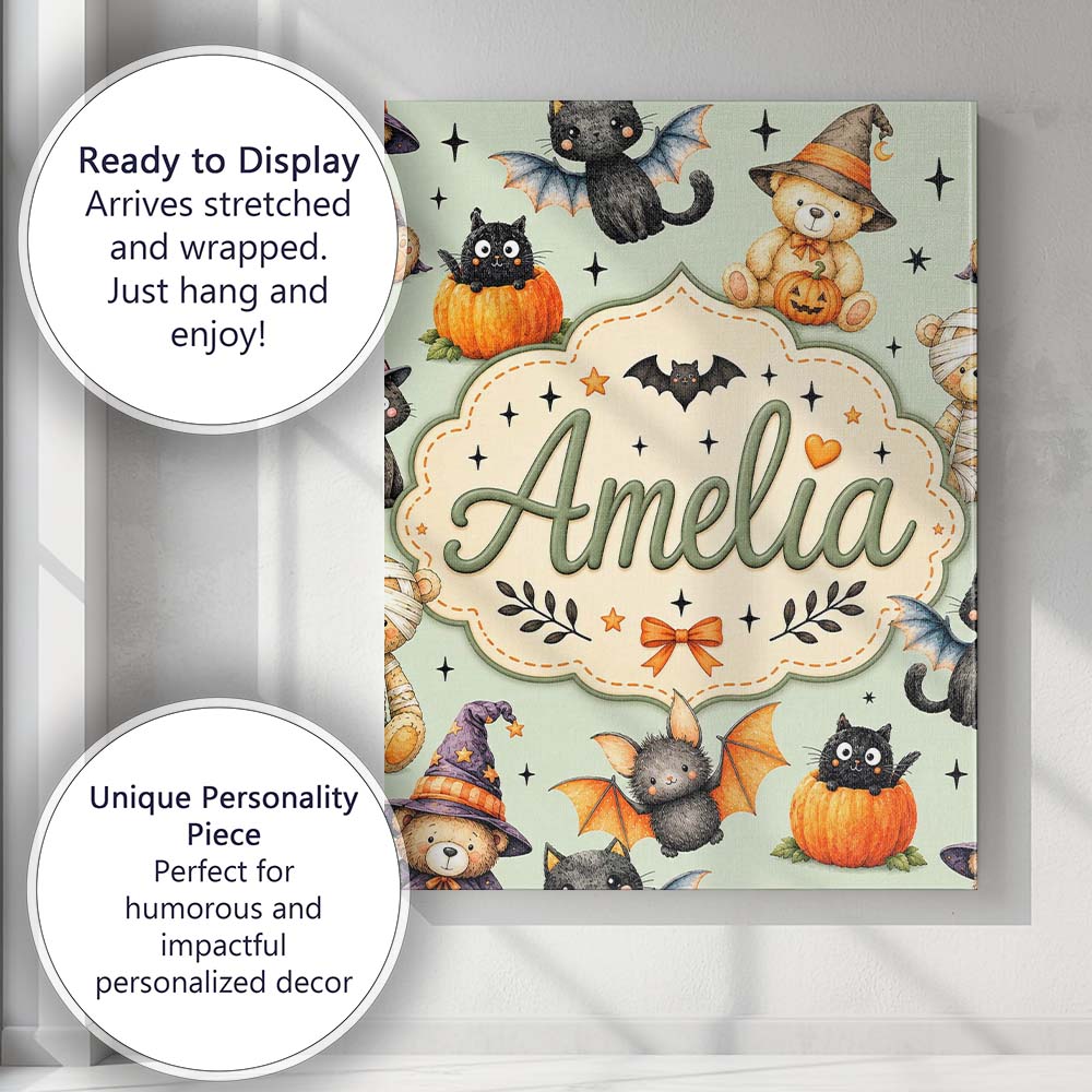 Personalised Name Halloween Teddy Bear Custom  Modern Room Accent Elegant Feature Canvas Wall Art Print Decor Picture Ready to Hang