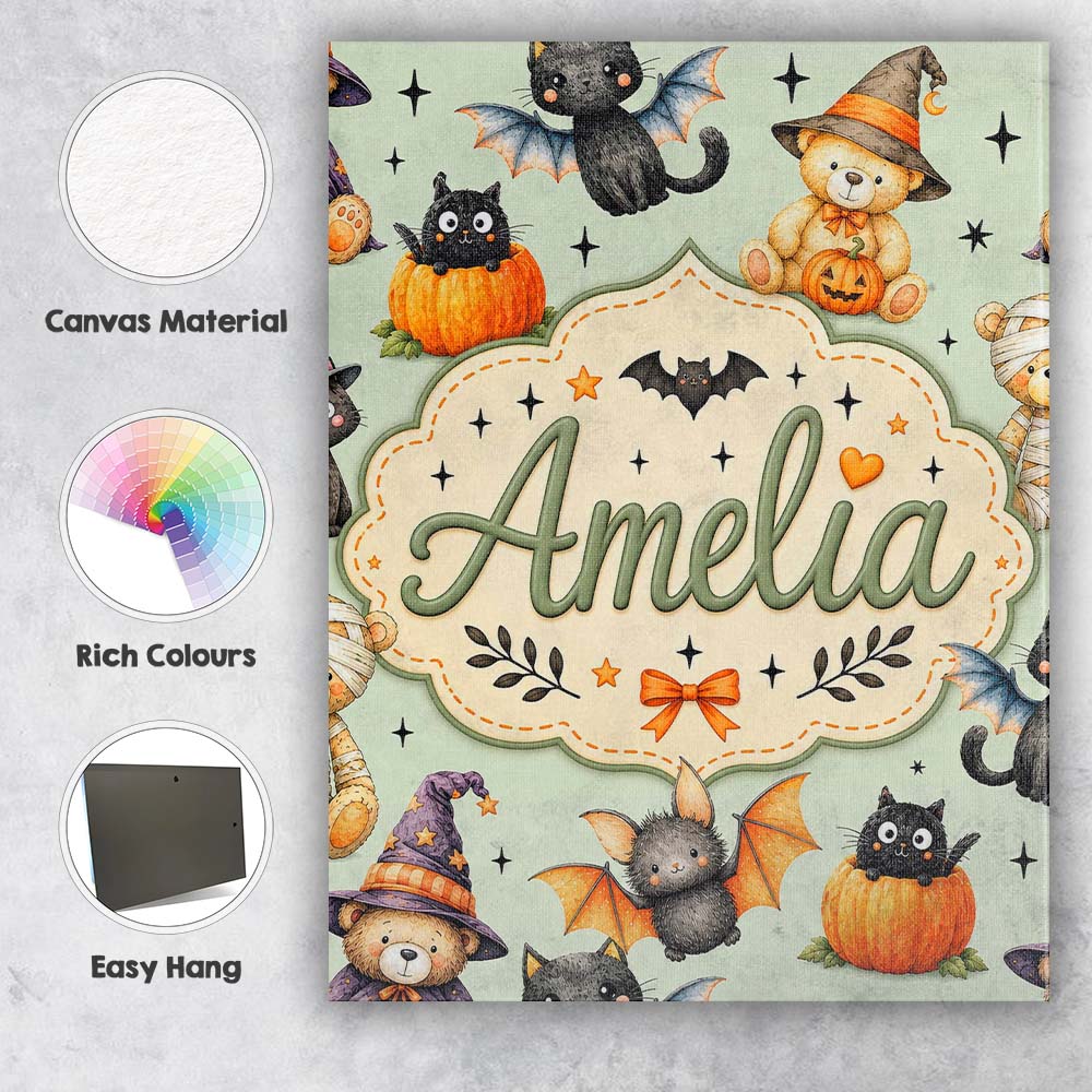 Personalised Name Halloween Teddy Bear Custom  Modern Room Accent Elegant Feature Canvas Wall Art Print Decor Picture Ready to Hang