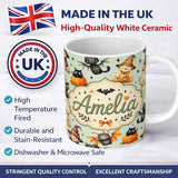Personalized Custom Name Halloween Teddy Bear Witch Cat Bat Pumpkin Seamless Pattern Sage 11oz Ceramic Coffee Tea Mug White Large Handle