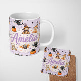 Personalized Custom Name Halloween Teddy Bear Witch Cat Bat Pumpkin Seamless Pattern Soft 11oz Ceramic Coffee Tea Mug White Large Handle