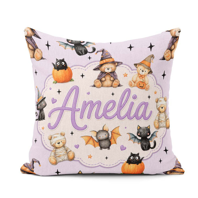 Custom Name Halloween Teddy Bear Witch Cat Pumpkin Seamless Soft Square Filled Cushion Throw Pillow Sofa Bed Home Decor Zip Washable UK Made