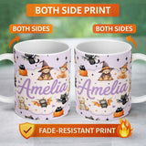 Personalized Custom Name Halloween Teddy Bear Witch Cat Bat Pumpkin Seamless Pattern Soft 11oz Ceramic Coffee Tea Mug White Large Handle