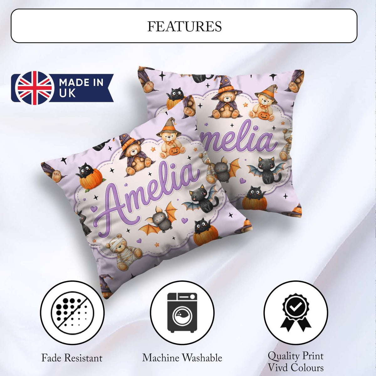 Custom Name Halloween Teddy Bear Witch Cat Pumpkin Seamless Soft Square Filled Cushion Throw Pillow Sofa Bed Home Decor Zip Washable UK Made