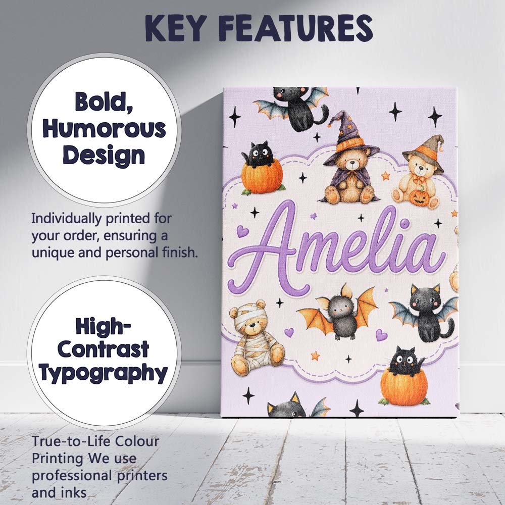 Personalised Name Halloween Teddy Bear Custom  Modern Room Accent Elegant Feature Canvas Wall Art Print Decor Picture Ready to Hang