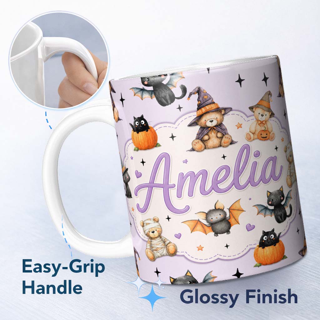 Personalized Custom Name Halloween Teddy Bear Witch Cat Bat Pumpkin Seamless Pattern Soft 11oz Ceramic Coffee Tea Mug White Large Handle