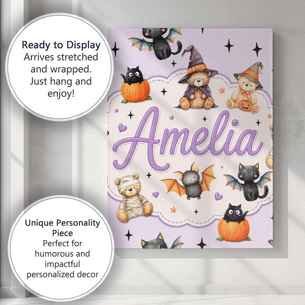 Personalised Name Halloween Teddy Bear Custom  Modern Room Accent Elegant Feature Canvas Wall Art Print Decor Picture Ready to Hang