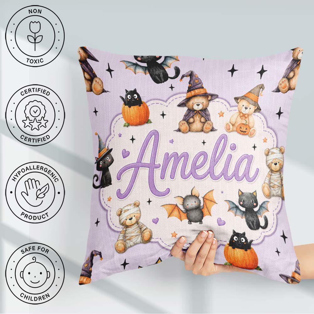 Custom Name Halloween Teddy Bear Witch Cat Pumpkin Seamless Soft Square Filled Cushion Throw Pillow Sofa Bed Home Decor Zip Washable UK Made