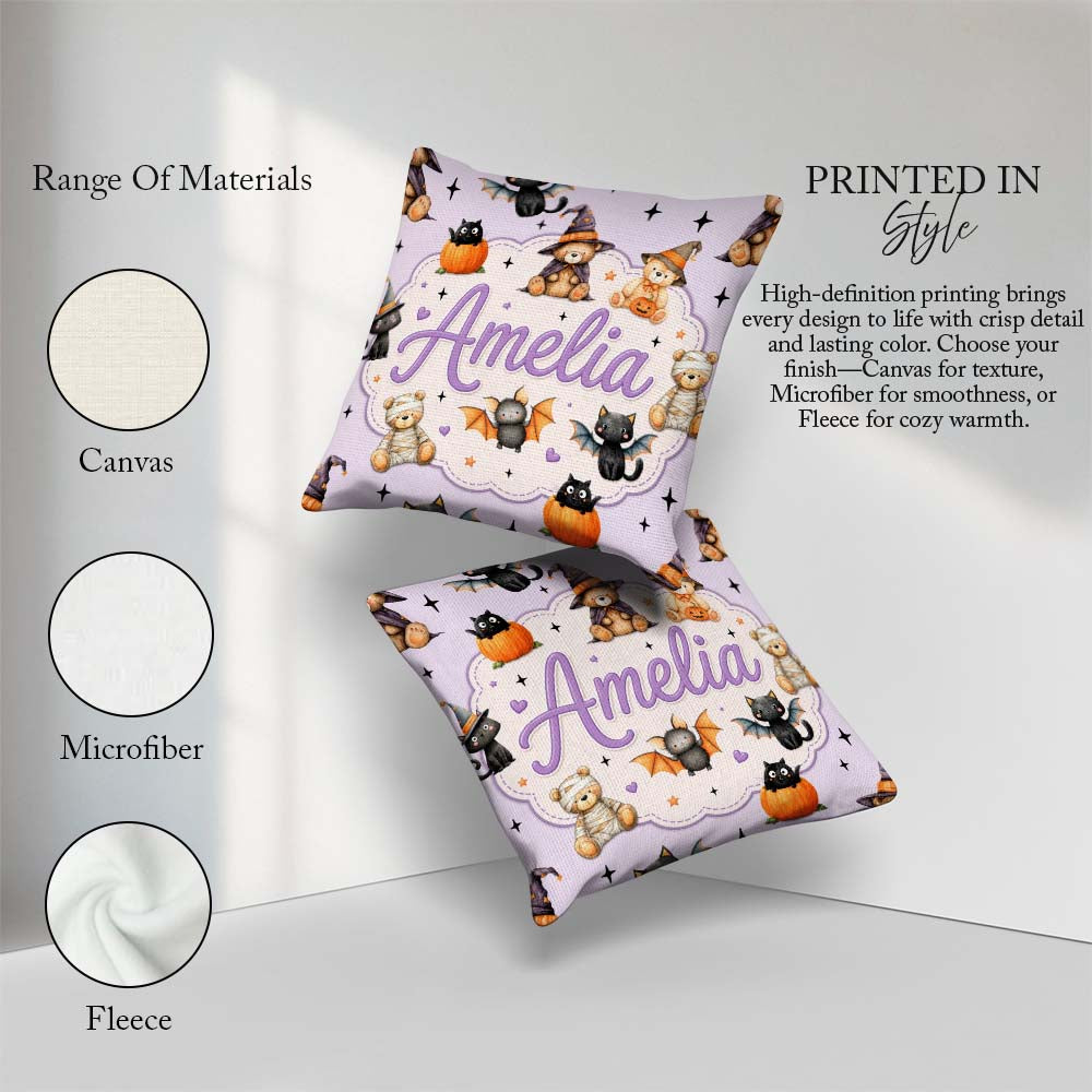 Custom Name Halloween Teddy Bear Witch Cat Pumpkin Seamless Soft Square Filled Cushion Throw Pillow Sofa Bed Home Decor Zip Washable UK Made