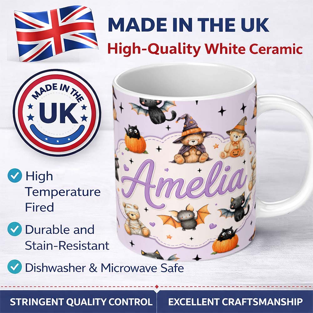 Personalized Custom Name Halloween Teddy Bear Witch Cat Bat Pumpkin Seamless Pattern Soft 11oz Ceramic Coffee Tea Mug White Large Handle