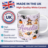 Personalized Custom Name Halloween Teddy Bear Witch Cat Bat Pumpkin Seamless Pattern Soft 11oz Ceramic Coffee Tea Mug White Large Handle
