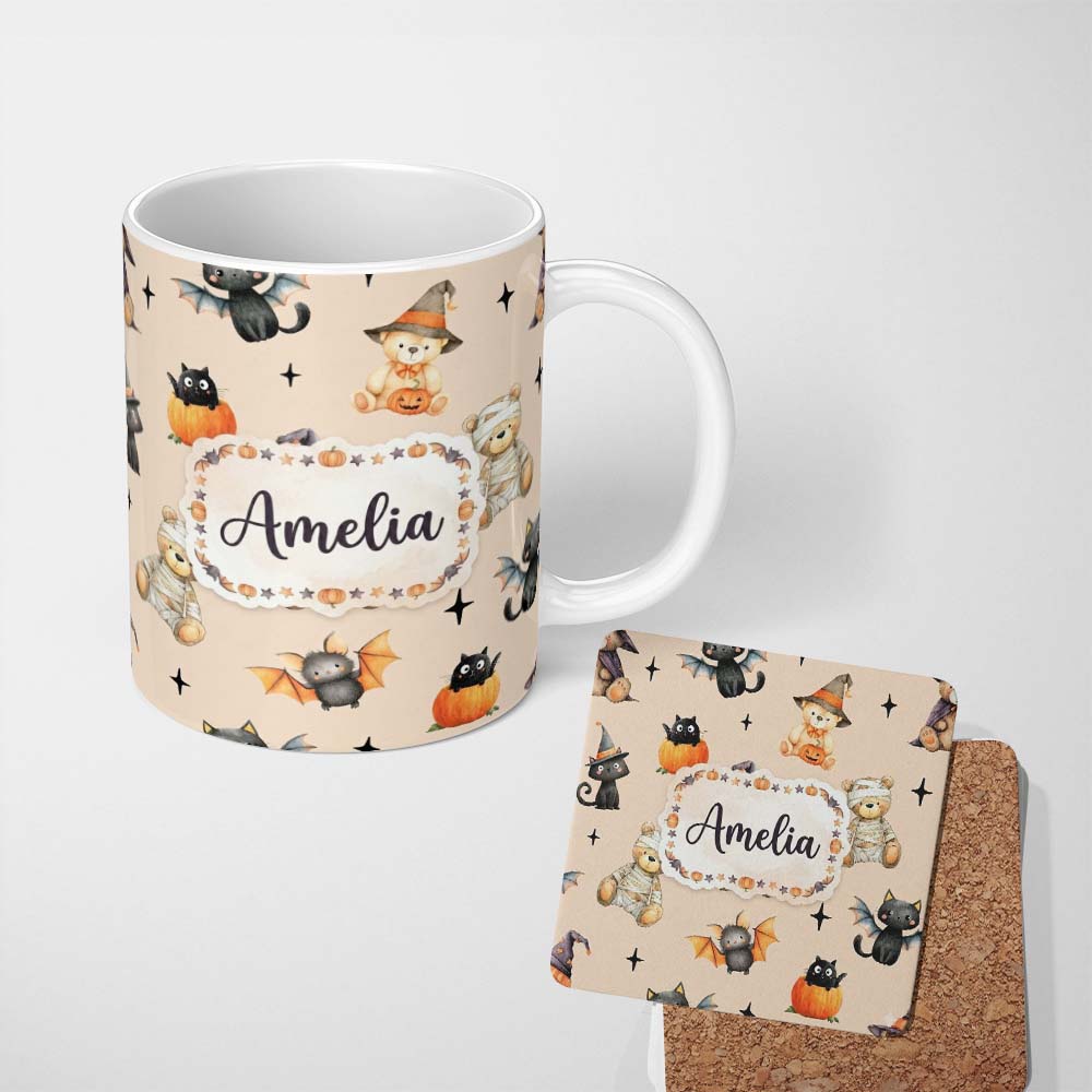 Personalized Custom Name Halloween Teddy Bear Witch Cat Bat Pumpkin Seamless Pattern Warm 11oz Ceramic Coffee Tea Mug White Large Handle