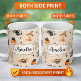 Personalized Custom Name Halloween Teddy Bear Witch Cat Bat Pumpkin Seamless Pattern Warm 11oz Ceramic Coffee Tea Mug White Large Handle