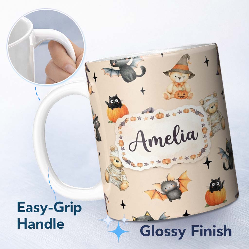 Personalized Custom Name Halloween Teddy Bear Witch Cat Bat Pumpkin Seamless Pattern Warm 11oz Ceramic Coffee Tea Mug White Large Handle