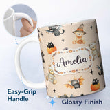 Personalized Custom Name Halloween Teddy Bear Witch Cat Bat Pumpkin Seamless Pattern Warm 11oz Ceramic Coffee Tea Mug White Large Handle