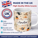 Personalized Custom Name Halloween Teddy Bear Witch Cat Bat Pumpkin Seamless Pattern Warm 11oz Ceramic Coffee Tea Mug White Large Handle
