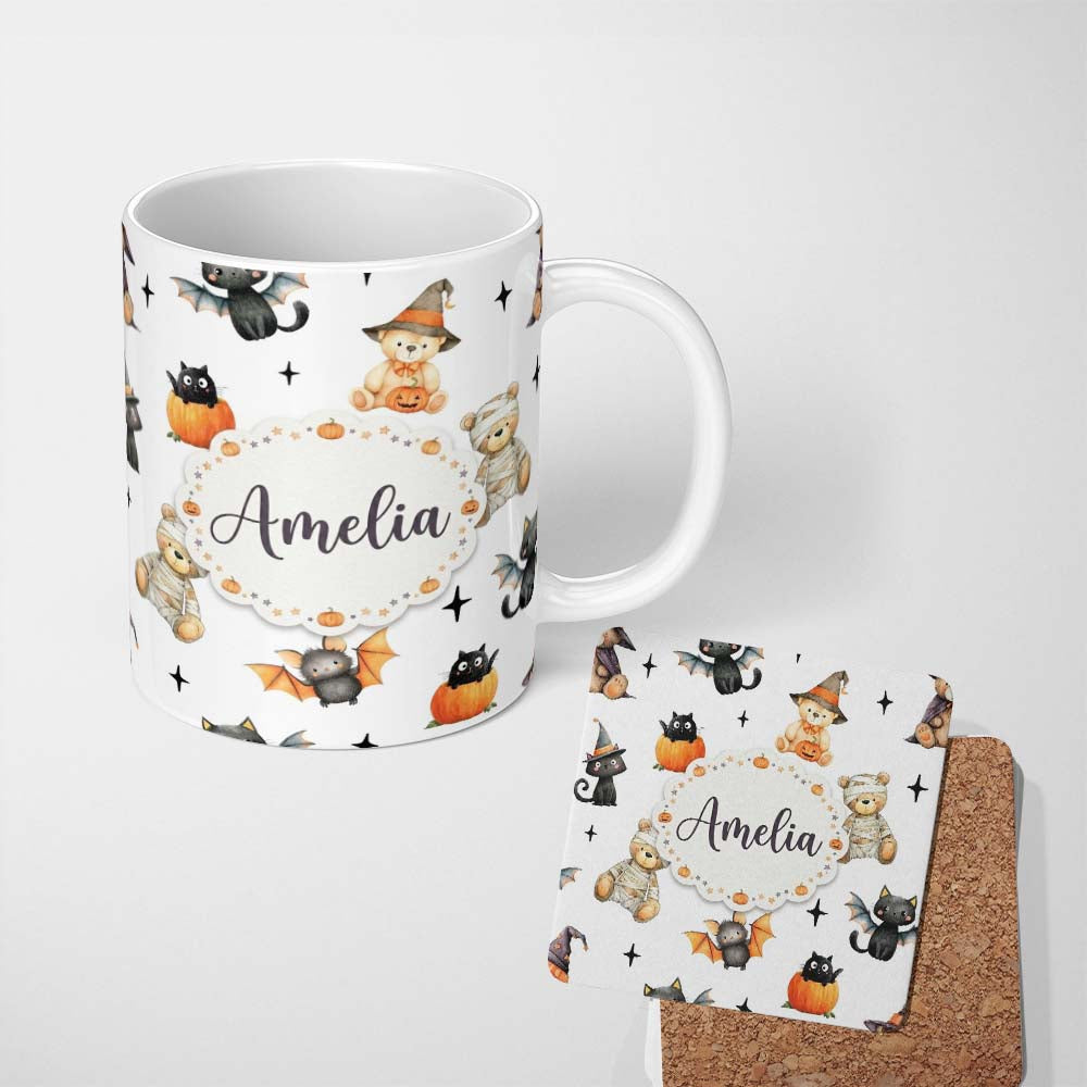 Personalized Custom Name Halloween Teddy Bear Witch Cat Bat Pumpkin Seamless Pattern Light 11oz Ceramic Coffee Tea Mug White Large Handle