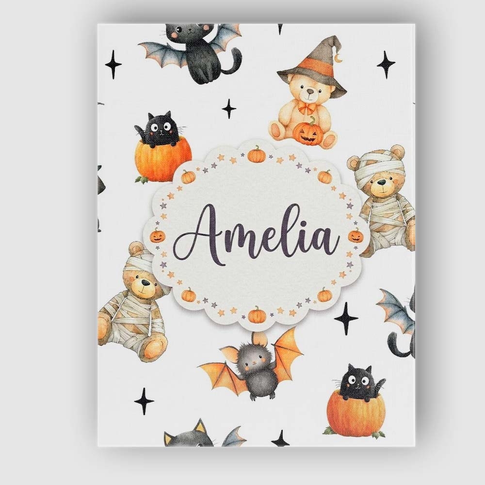 Personalised Name Halloween Teddy Bear Custom  Modern Room Accent Elegant Feature Canvas Wall Art Print Decor Picture Ready to Hang