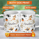 Personalized Custom Name Halloween Teddy Bear Witch Cat Bat Pumpkin Seamless Pattern Light 11oz Ceramic Coffee Tea Mug White Large Handle