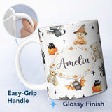 Personalized Custom Name Halloween Teddy Bear Witch Cat Bat Pumpkin Seamless Pattern Light 11oz Ceramic Coffee Tea Mug White Large Handle
