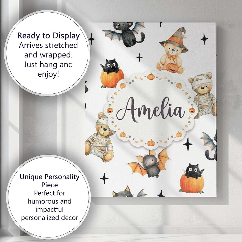 Personalised Name Halloween Teddy Bear Custom  Modern Room Accent Elegant Feature Canvas Wall Art Print Decor Picture Ready to Hang