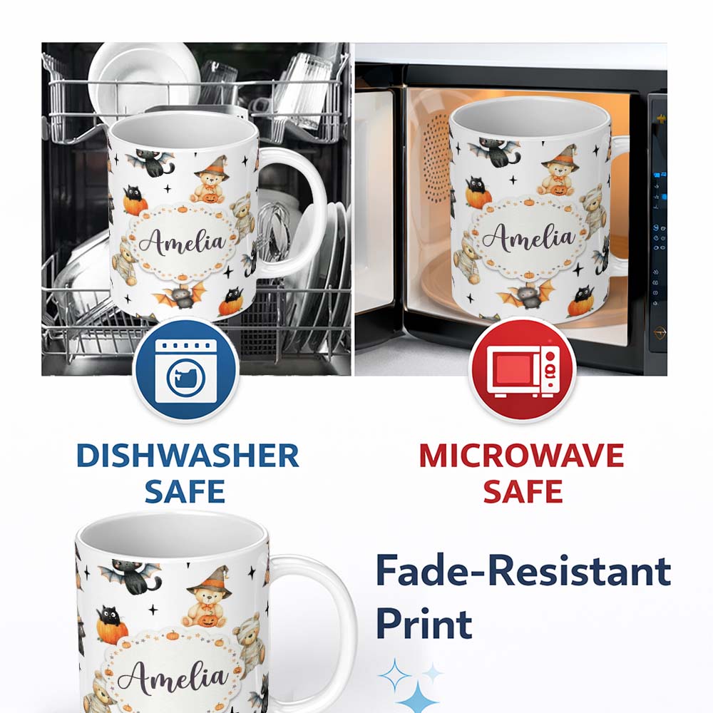 Personalized Custom Name Halloween Teddy Bear Witch Cat Bat Pumpkin Seamless Pattern Light 11oz Ceramic Coffee Tea Mug White Large Handle