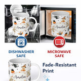 Personalized Custom Name Halloween Teddy Bear Witch Cat Bat Pumpkin Seamless Pattern Light 11oz Ceramic Coffee Tea Mug White Large Handle